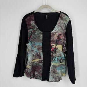 khangura top shirt womens large L black artsy crinkle blouse long sleeve office